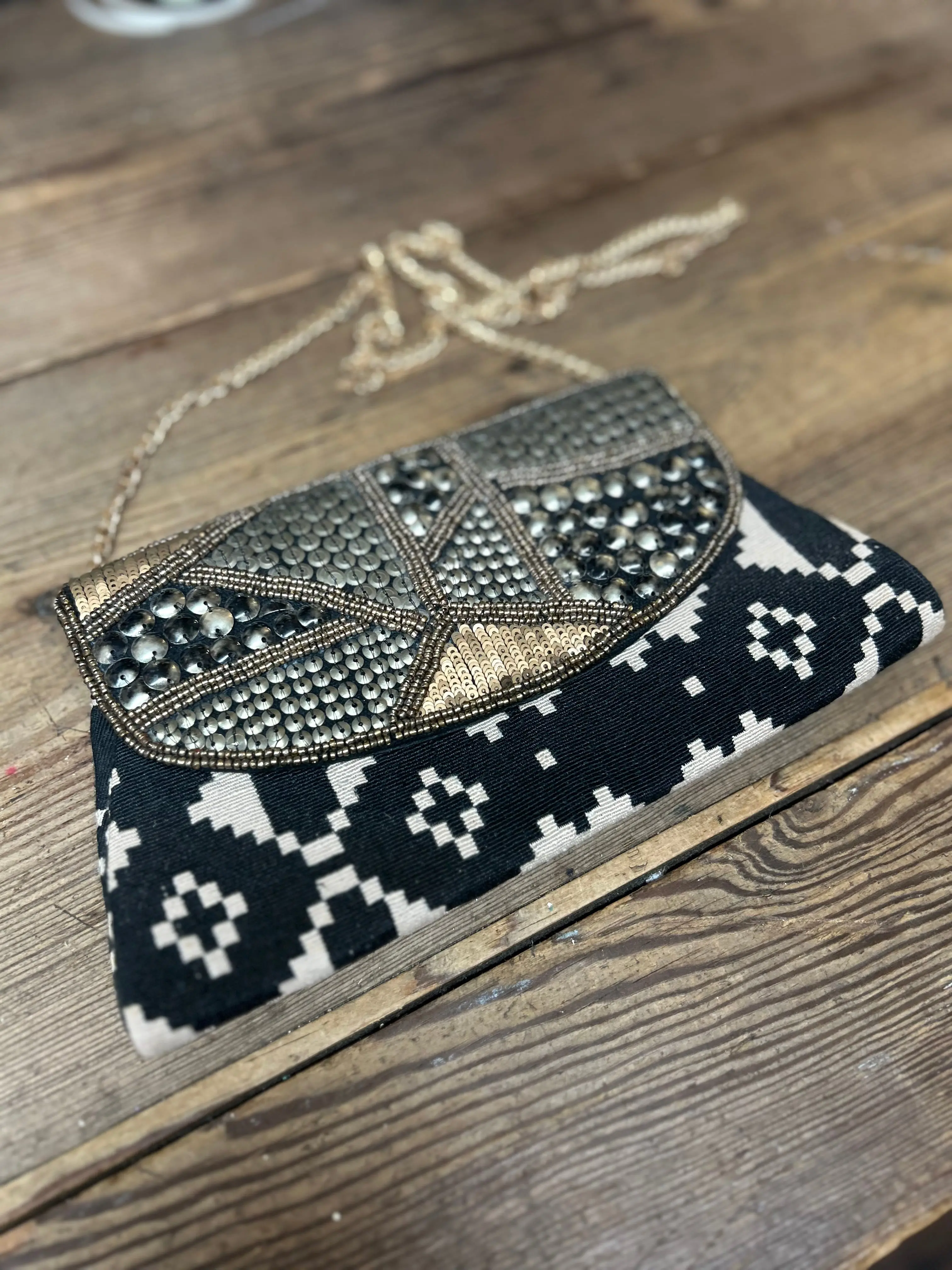 Black & Ivory Tribal Beaded Crossbody Envelope Clutch