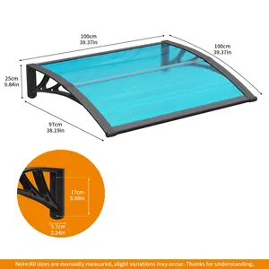 32-120 Inches Overhang Awning Canopy for Door Entrance Excellent Weather Resistance ABS Plastic Bracket Blue Polycarbonate Cover UV Rain Snow Protection for Porch Patio Deck Wall Mounted Easy Installation