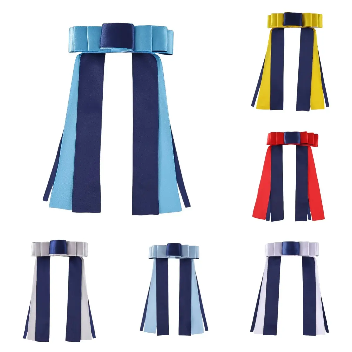 6-Piece Preppy Satin Bow Hair Clips for Girls, 2-Tone Ribbon Barrettes with Long Streamers for School Uniforms, Lightweight and Maintains Full Shape, Uniform, 6-Piece Set
