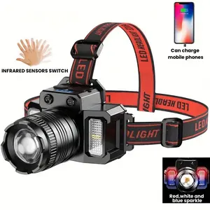 Infrared-sensor Zoom Flashlight, Outdoor Waterproof Headlight, Night-fishing Marine Miner Lamp, With COB Red-white Light, USB Charging LED Highlight