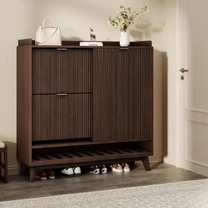 Narrow Fluted Shoe Cabinet Storage for Entryway, Wood Large Freestanding Shoe Organizer Cabinet with Sliding Door, 2 Flip Drawers, Adjustable Shelves Rack & Bottom Open Shelf