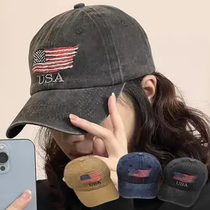 A men's and women's adjustable casual baseball cap with a flag pattern embroidered on it, suitable for decorative wear.