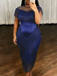 Women Shiny Elegance Satin Tassel Dress Patchwork Sheer O Neck Sleeveless High Waist Package Hip Slim Formal Evening Club Cocktail Party Gowns Formal Wear