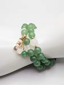 Double Wrap Green Aventurine Natural Stone Beaded Bracelet with Bamboo Charms