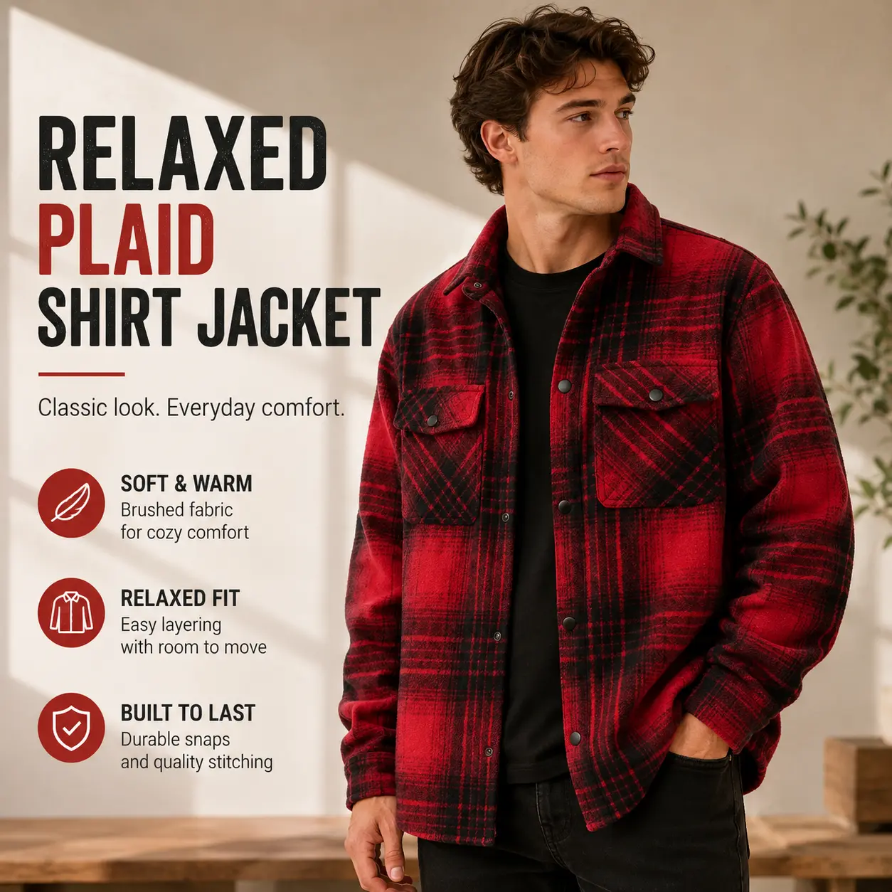 Men’s Plaid Pattern Shacket - Long Sleeve Snap Button Shirt Jacket, 2 Chest Pockets Overshirt, Relaxed Fit Casual Fall Outerwear, Vintage Workwear Layering Top, Machine Washable Classic Menswear