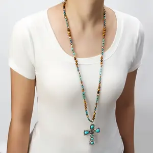 [Vintage Turquoise Neckl] Multi-Color Natural Stone Bohemian Vintage Turquoise Cross Pendant Neckl |   Women's Ethnic Inspired Jewelry for Thanksgiving Gifts, Fall Fashion & Daily Wear, 6mm Beads