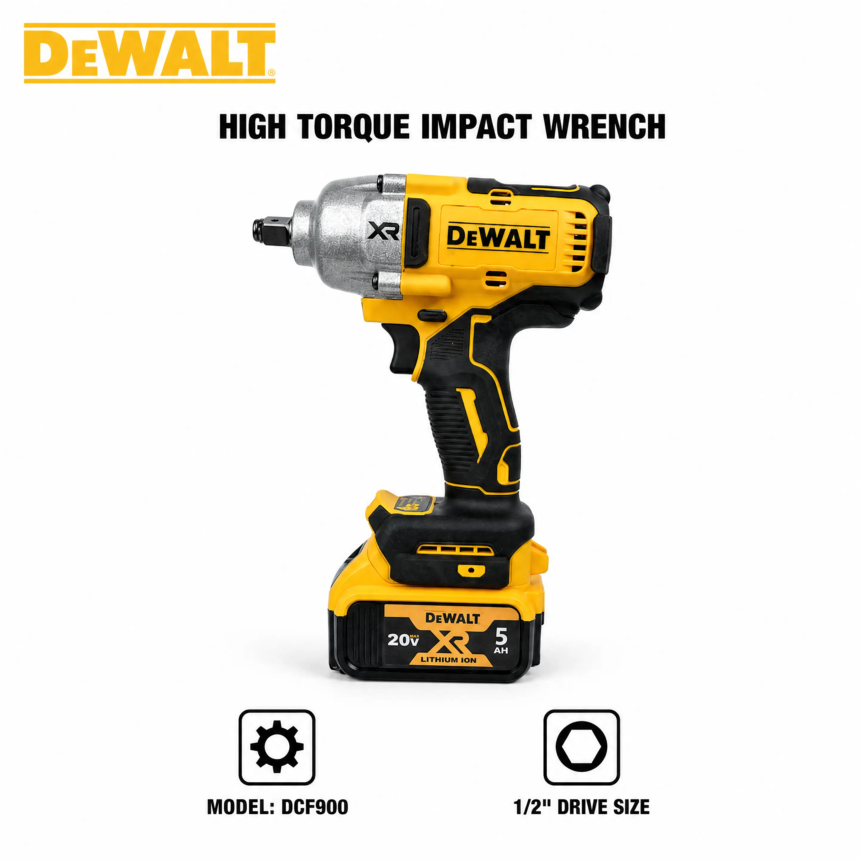 DEWALT DCF900 1/2 in Drive Cordless Impact Wrench, Hand Tool for Heavy Vehicle Maintenance & Construction Tasks, with Adjustable Torque Settings, Electronic Control, LED Lights & Reliable Operation