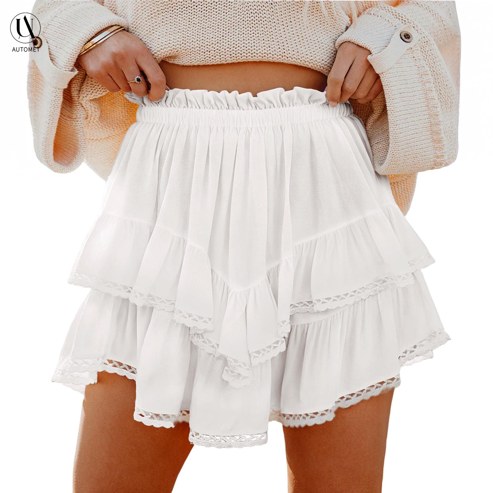 AUTOMET Women's High-Waisted Elastic Waist Casual Sporty Skorts - Modal Blend, Tiered Lace Crochet Design, Form-Fitting Lace Flared Shorts, Crochet Ruffle Skirts, Machine Washable for Golf, Tennis