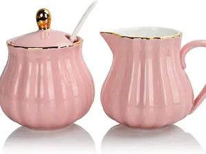 Sweejar Royal Ceramic Sugar and Creamer Set, 3 Piece Set with Cream Pitcher, Sugar Bowl, Sugar Set with Lid & Spoon, Coffee Serving Set Wedding Gift(Pink)