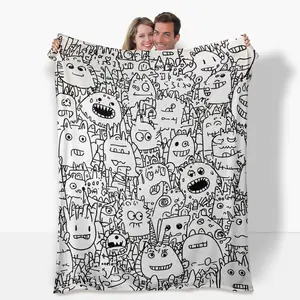 Can be painted with graffiti Whimsical Cartoon Monster Flannel Blanket -(Markers Not Included)  Black & White Bold Outlines for Coloring, Soft & Cozy Gift for Birthdays, Anniversaries, Holidays, Cartoon Blanket, Coloring Activity Blanket