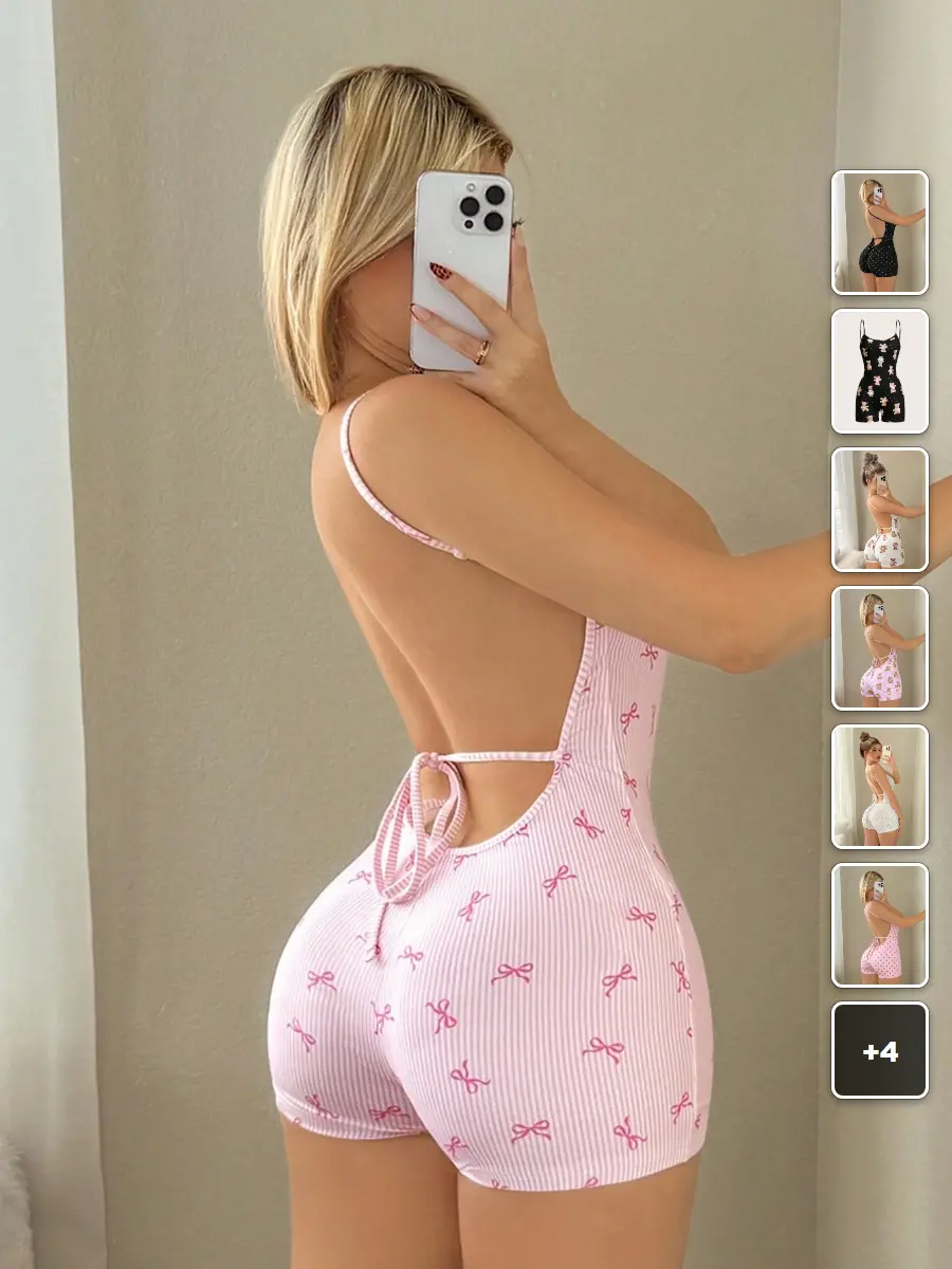Pajama Shorts Set Y2K Spaghetti Strap Backless Bodycon Cartoon Bear Print Cute Sexy Loungewear