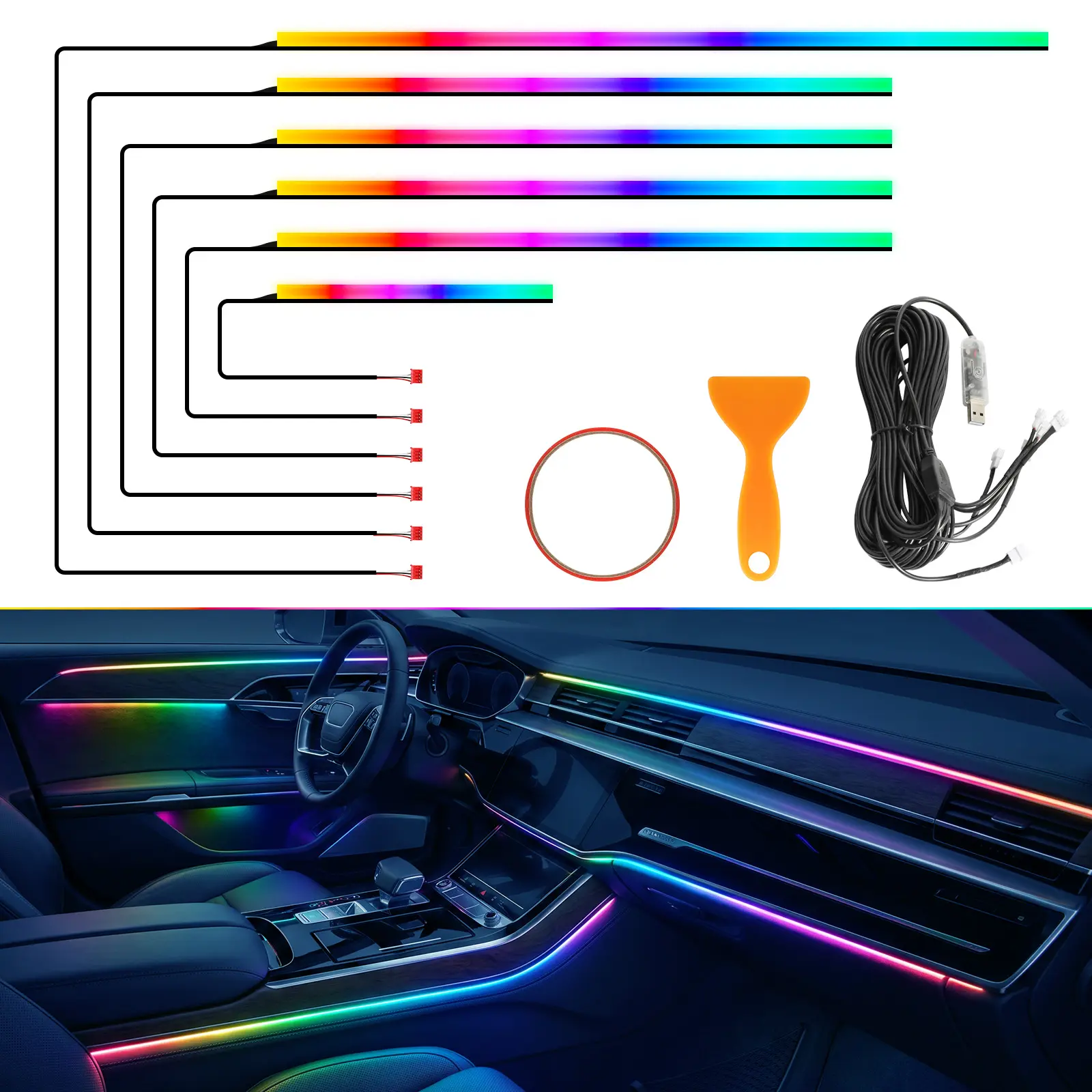 6-in-1 RGBIC Dreamcolor Acrylic Car Ambient Lighting Kit, App & Touch Control Interior LED Strip Lights, Music Sync USB Plug-and-Play Neon Bar for All Cars
