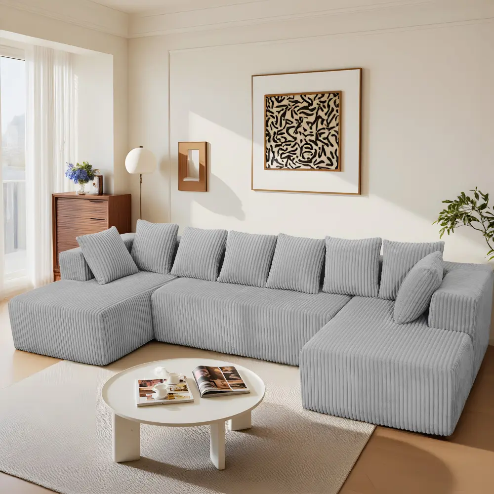 130-inch Bone-Free , Cloud  Set, Corduroy Living Room , U-Shaped Modular  with Chaise Lounge, No Assembly Required, 4-Seater Extra-Large Size sofa L-Shaped Chenille Sectional Oversized Reading Chair Ottoman Convertible Velvet Bed Pillow Pink