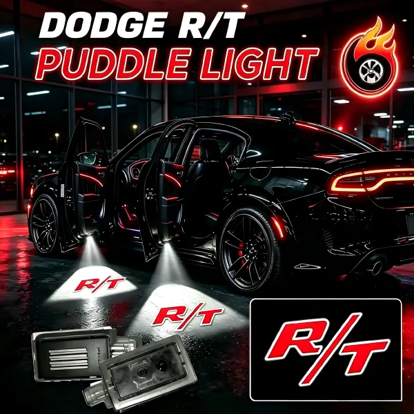 RED R/T LED Door Projection Puddle Lights with Custom SRT Hellcat, Scat Pack R/T Logos | Welcome Lamps for Dodge Charger, Challenger, Chrysler 300 | 2 & 4-Pack Choices