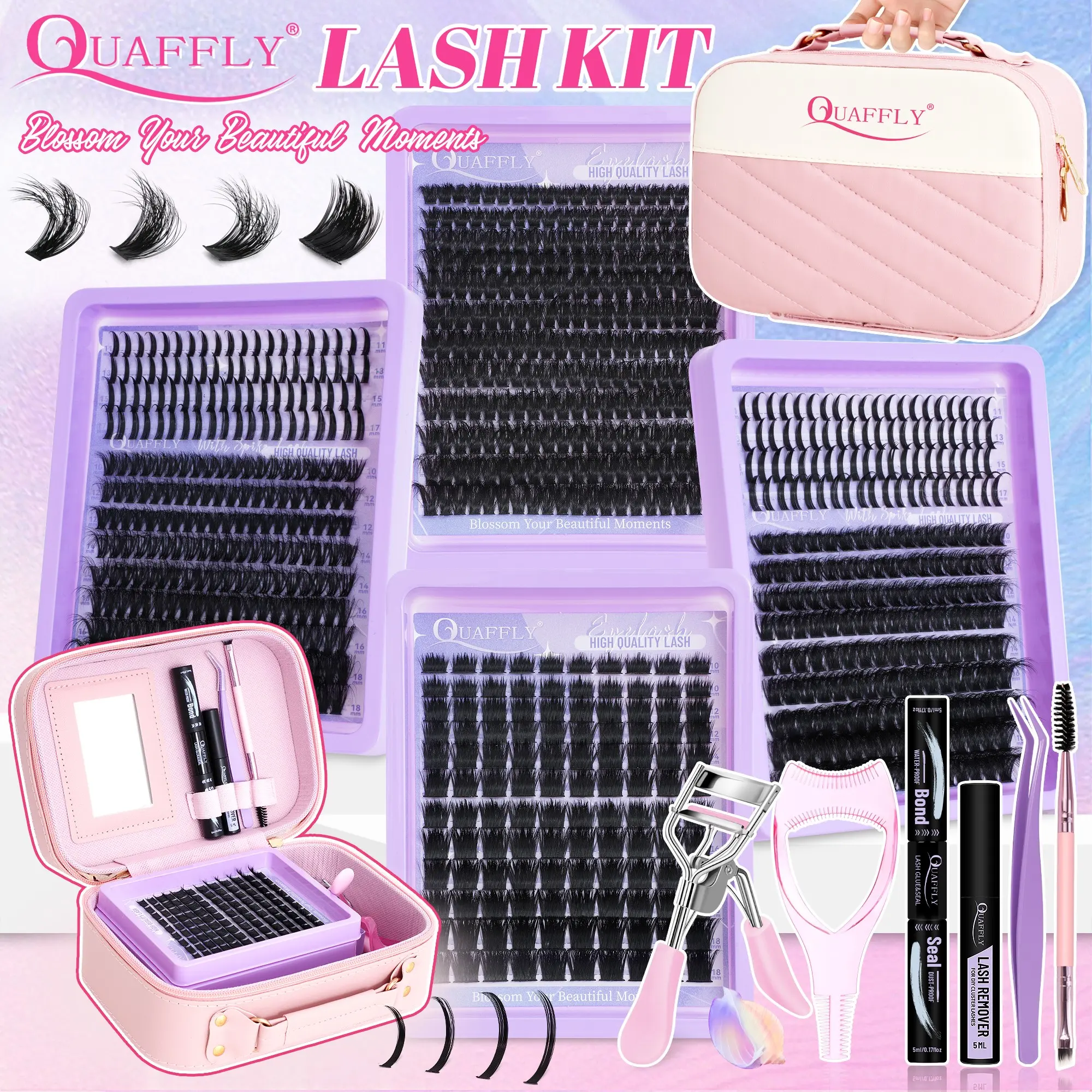 Manga Lash Clusters Kit, False Eyelashes Kit, Makeup Eyelashes Extension Set, 814Pcs Spike lashes Fluffly Eyelash Clusters DIY Lash Extension Kit with Lash Bond&Seal Remover Tweezer Mascara Shield Dual-Ended Brush Lash Curler for Beginners