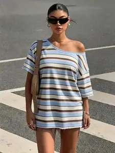 Blue & Brown Striped Off-the-Shoulder Oversized T-Shirt | Coastal Casual & Grunge Aesthetic | Raw Edge Details | Versatile Summer Wear | Perfect for Laid-Back Street Style
