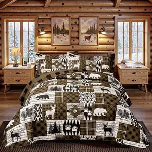 3 count Cabin Full/ Quilt Sets Farmhouse Rustic Reversible Microfiber Soft Lightweight Bedspread Coverlet with 2 Shams Patchwork Country Lodge Bedding Quilts Set for  Season, 90''x96'', Brown