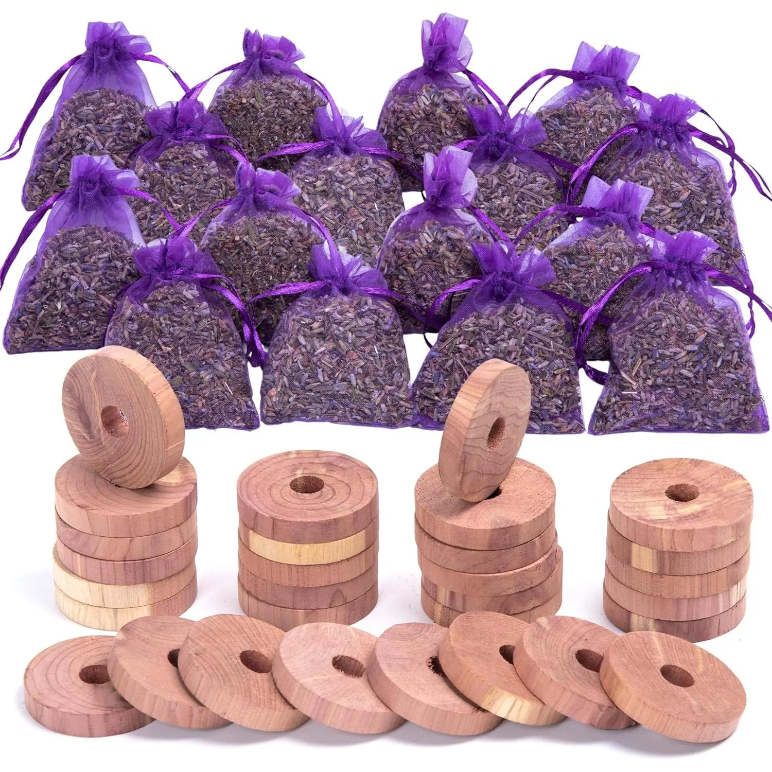Lavande Sur Terre Pack of 30 Cedar Blocks and 16 Lavender Flower Sachets Craft Bag, Drawer Freshener, Linen, Shower Favor, Wedding and More, LV-E-LC-2