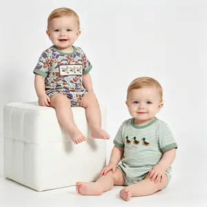 Boys' Vintage Camo Embroidered Ducks Bubble Romper - Green Striped Short Sleeve Hunting Bodysuit, Breathable Fabric, Stretchy Snug Fit, Stretchy Fit