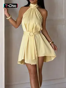Women's A-Line Dress with Adjustable Belt, Sleeveless, Summer, Elegant Neckline Design, Versatile Two-Way Wear, Perfect for Daily & Special Occasions, Casual Wear
