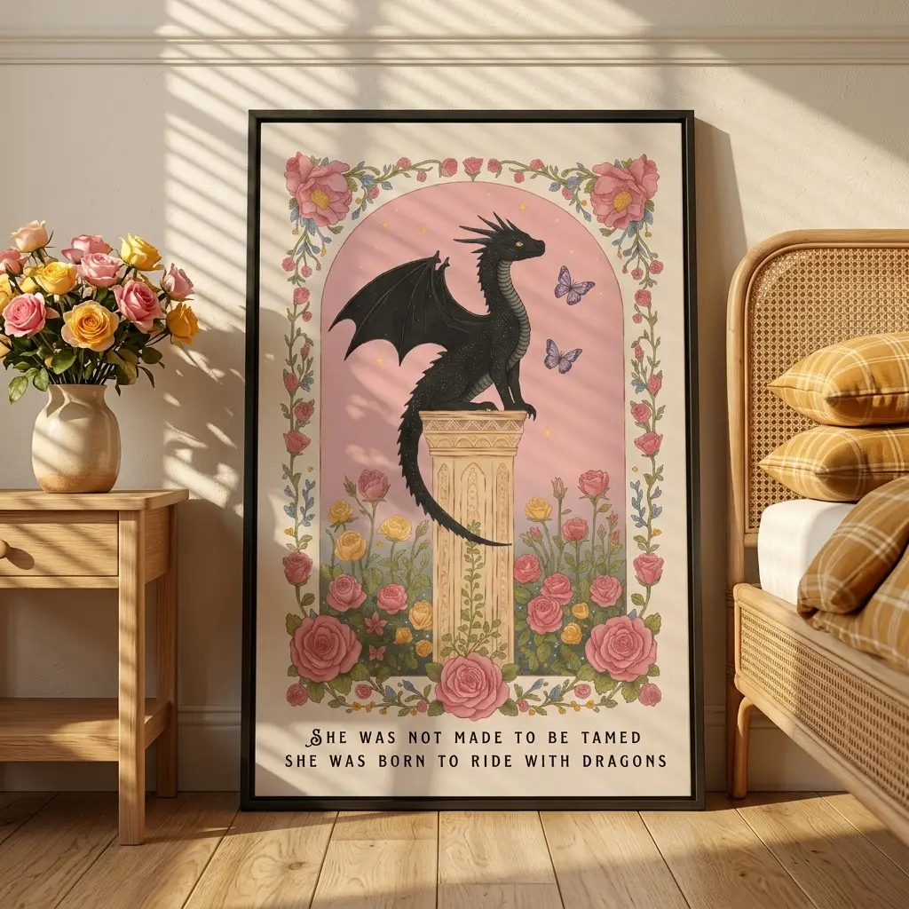 Fantasy Dragon Print, She Was Born to Ride with Dragons Quote, Bookish Wall Art, Fantasy Book Readers, Pink Floral Poster, Dragon Lover Gift, BookTok Room Decor