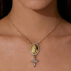 Virgin Mary Necklace for Women - 14K Gold Plated Rosary BeadCross Necklace, Adjustable Gold Y Chain Crucifix Necklace,Religious Catholic Prayer Beads Jewelry for Women