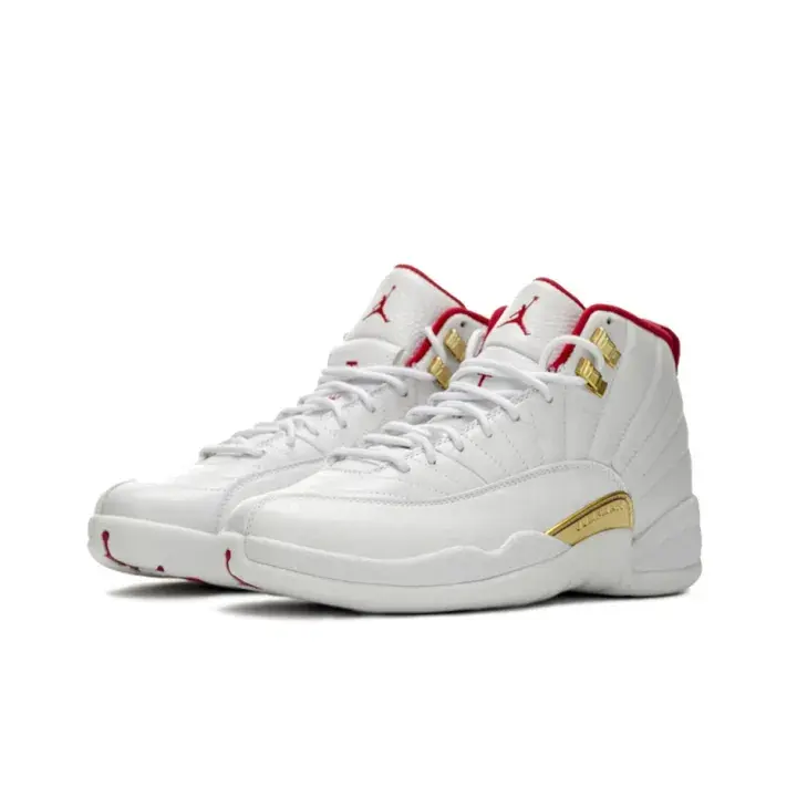 High-top retro basketball pebbled smooth leather sneakers with shock-absorbing air cushion midsoles for all-day supportive comfy wear, premium creamy white leather matched with polished gold metal hardware and tiny scarlet red collar accents