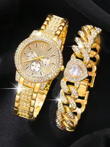 Luxurious Women's Watch Bracelet Set, Roman Numerals Diamond-Encrusted Wristwatch, Fashionable Sparkling Watch + Heart Cuban Chain Bracelet Set