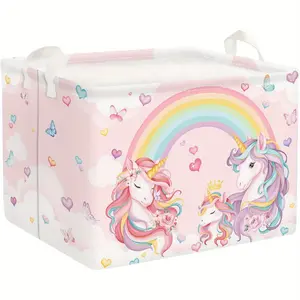 Clastyle 9.51gal Pink Unicorn Rainbow Storage Basket Collapsible Rectangle Clothes Book Shelf Basket for Room, Shelf Baskets
