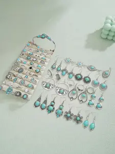 Boho Style Turquoise Texture Decor Luxury Jewelry Set, Fashion Jewelry Including Matching Bracelet & Ring & Earrings Set for Party, Daily, Trendy Vintage Jewelry for Gift