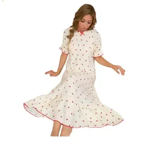 Sweet Cherry Print Bubble Crepe Nightgown Women's Ruffle Hem Sleepwear  Cozy Loungewear Dress