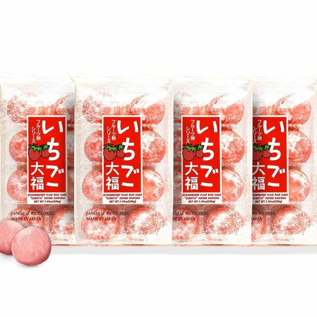 Japan Crate Kubota Daifuku Mochi - 4-Pack Strawberry Japanese Mochi Candy, Soft & Chewy Rice Cakes with Strawberry Paste Filling, Fridge & Freezer-Friendly Japanese Dessert
