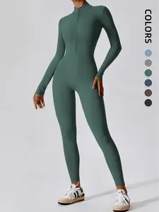 Women's Zipper Long Sleeve Sports Romper, Sporty Jumpsuit, Casual Comfortable One-Piece, Ideal for Yoga Gym Fitness Dance Abdominal Control