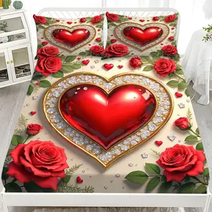 Fitted Sheet 3-Piece Set - 2D Flat Mattress Cover with Red Heart and Rose Pattern (1 fitted sheet + 2 pillowcases, no insert), comfortable sheets, skin-friendly and breathable bedding, suitable for family bedrooms and guest rooms, all year round.