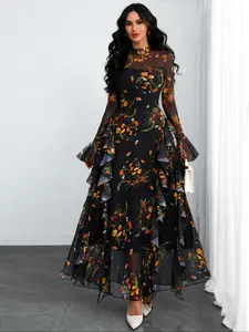 Women's Gothic Print Mesh Dress with Elegant Fringe, Fitted Long Sleeve Patchwork Design, All Seasons Fashion