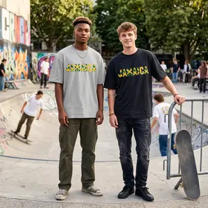 Jamaica Flag Pattern Lettering Graphic T-Shirt, Caribbean Island Pride Aesthetic Unisex Oversized Cotton Casual Short Sleeve Tee