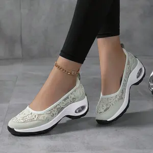 Women's Lace Splicing Air Cushion Wedge Sneakers - Slip On Breathable Platform Walking Shoes Anti-Slip Casual Dad Shoes Lightweight Comfortable Multi Colors