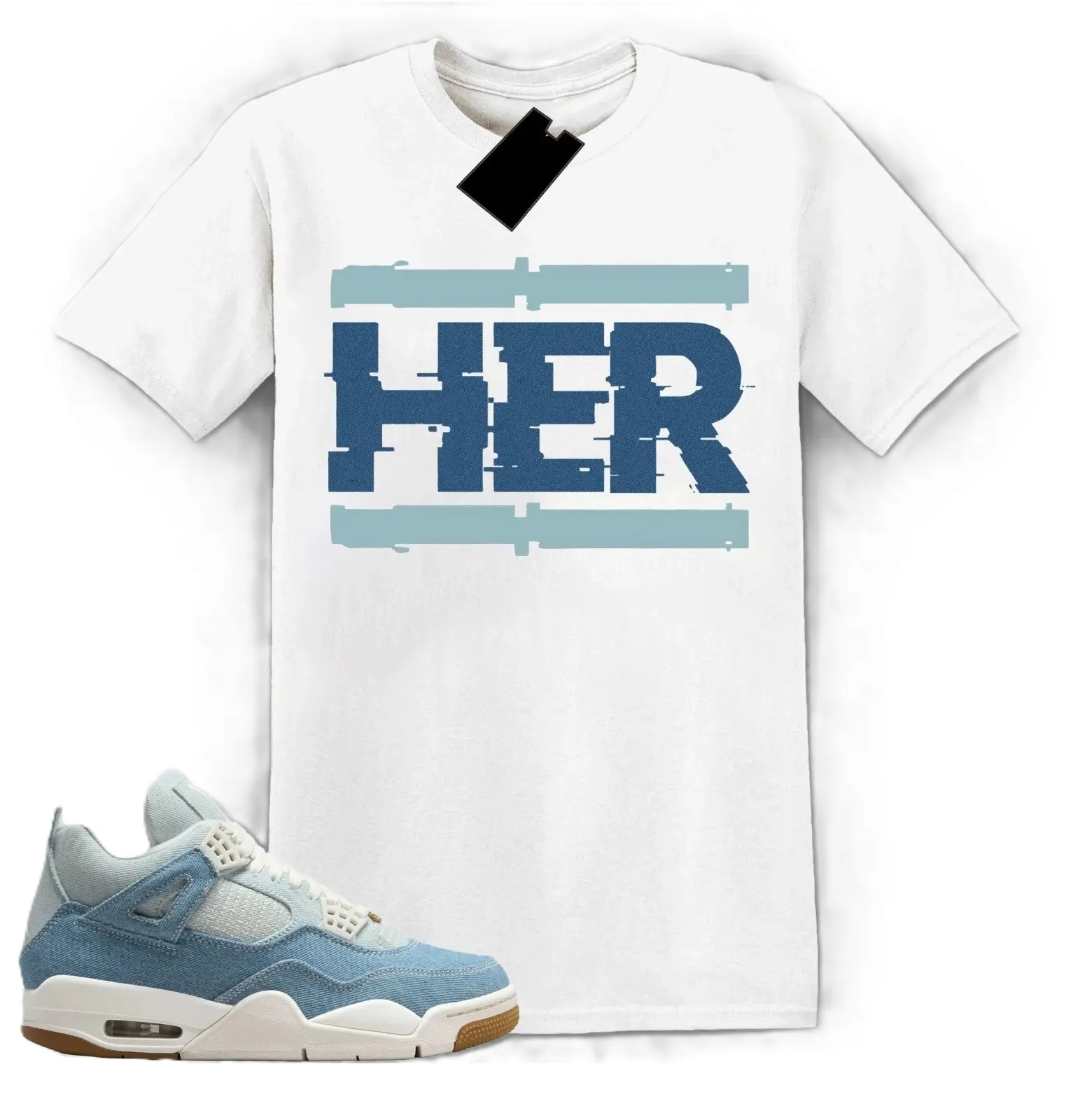HER Jordan 4 Denim Worn Blue Matching Sneaker Tee Shirt White, Denim Worn Blue 4s Graphic Tee, Gildan 5000 Unisex Shirt, 100% Cotton, Print Short sleeve Tee