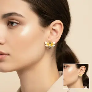 Gold Enamel Bee Stud Earrings| Diamond Paved Hypoallergenic Daily Jewelry