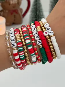 10 Piece Christmas Style Soft Clay Elastic Bracelets, Festive Holiday Jewelry Gift Set, Cute Patchwork Design, All Seasons Accessory