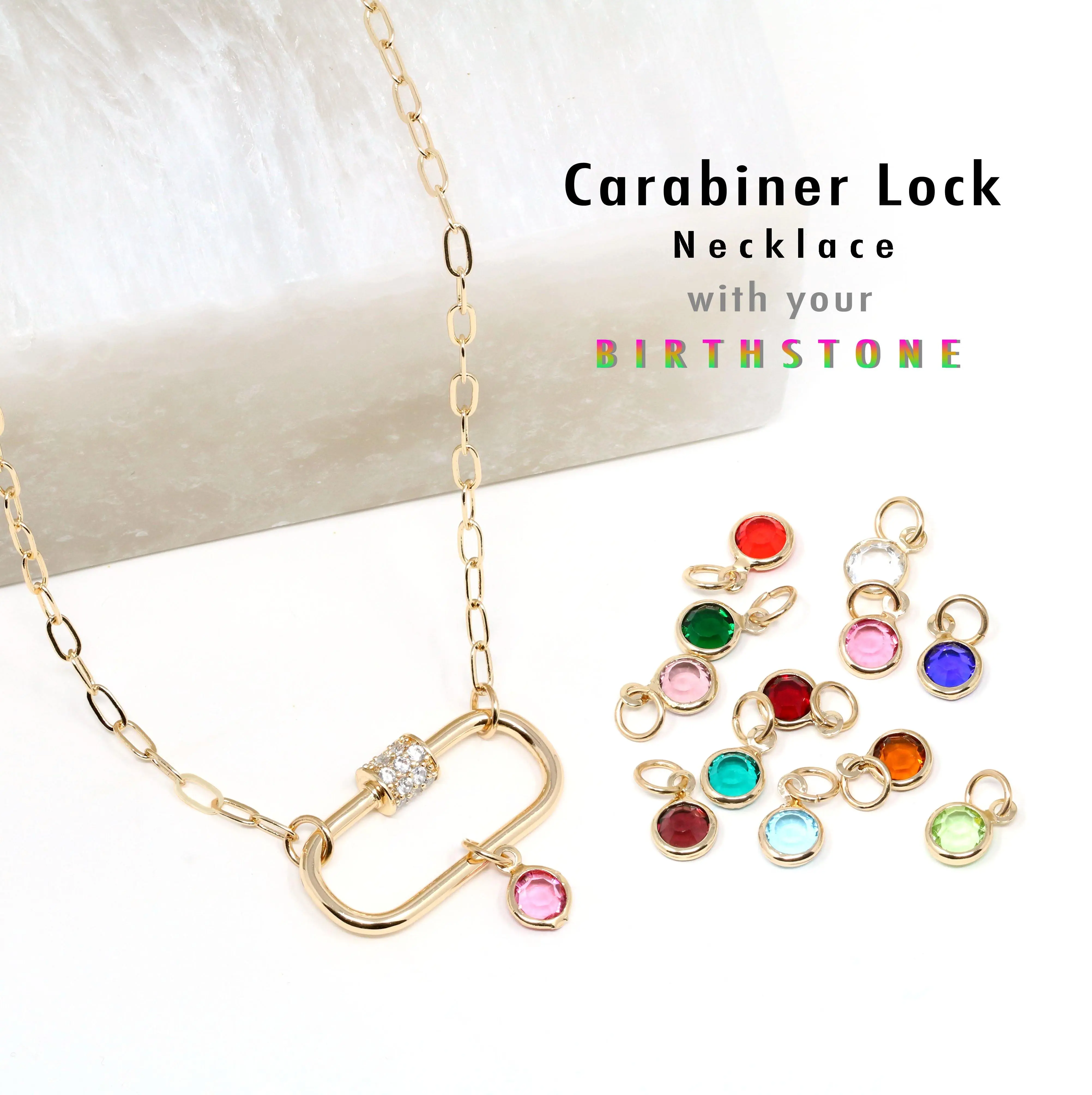 Bauble Sky Birthstone Pave Carabiner Necklace with Colorful Stones, Includes Gold Chain & Carabiner Attachment