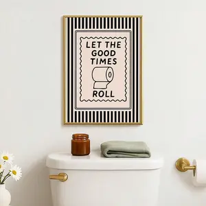 1pc Unframed Let The Good Times Roll Preppy Wall Art Poster Black Beige Striped Funny Bathroom Canvas Print Minimalist Toilet Aesthetic Dopamine Decor Funky Painting For Apartment,Living Room,Bedroom,Modern Home Decoration