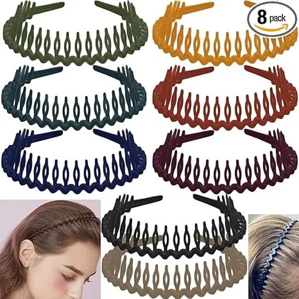 8-Pack Non-Slip Fashion Plastic Headbands with Teeth Comb – Skinny Hair Accessory Bands for Women, Men– Long Teeth Morandi Colors, Secure Grip for Thin and Thick Hair – Lightweight Comfortable Headbands for Daily Wear, Workout, and Styling