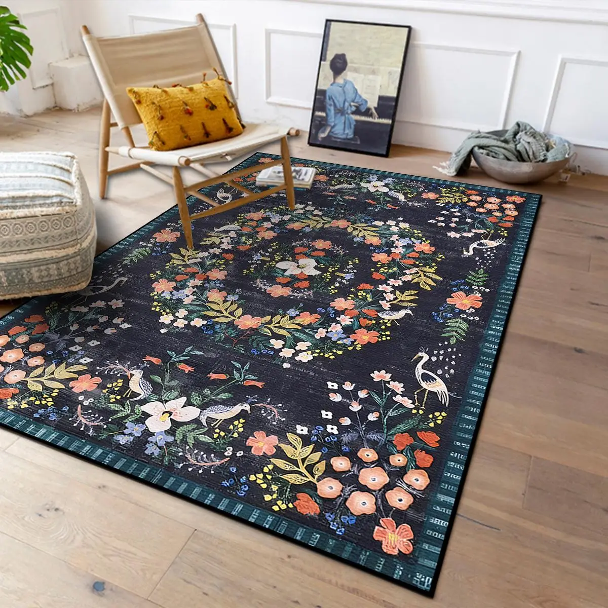 Vintage Floral Pattern Rug, Non-slip Soft Area Rug, Room Accessories Decorative Floor Carpet for Home Living Room Bedroom, Room Decor, Home Decor