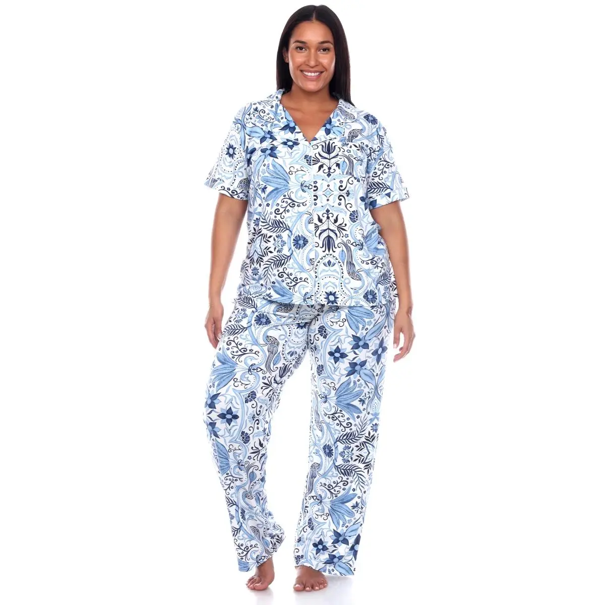212 MAIN Women's Plus Size Cute Short-Sleeve Polyester Blend Floral Pajama Set - Pants Loungewear, PS3681-15-3X Blue 3XL