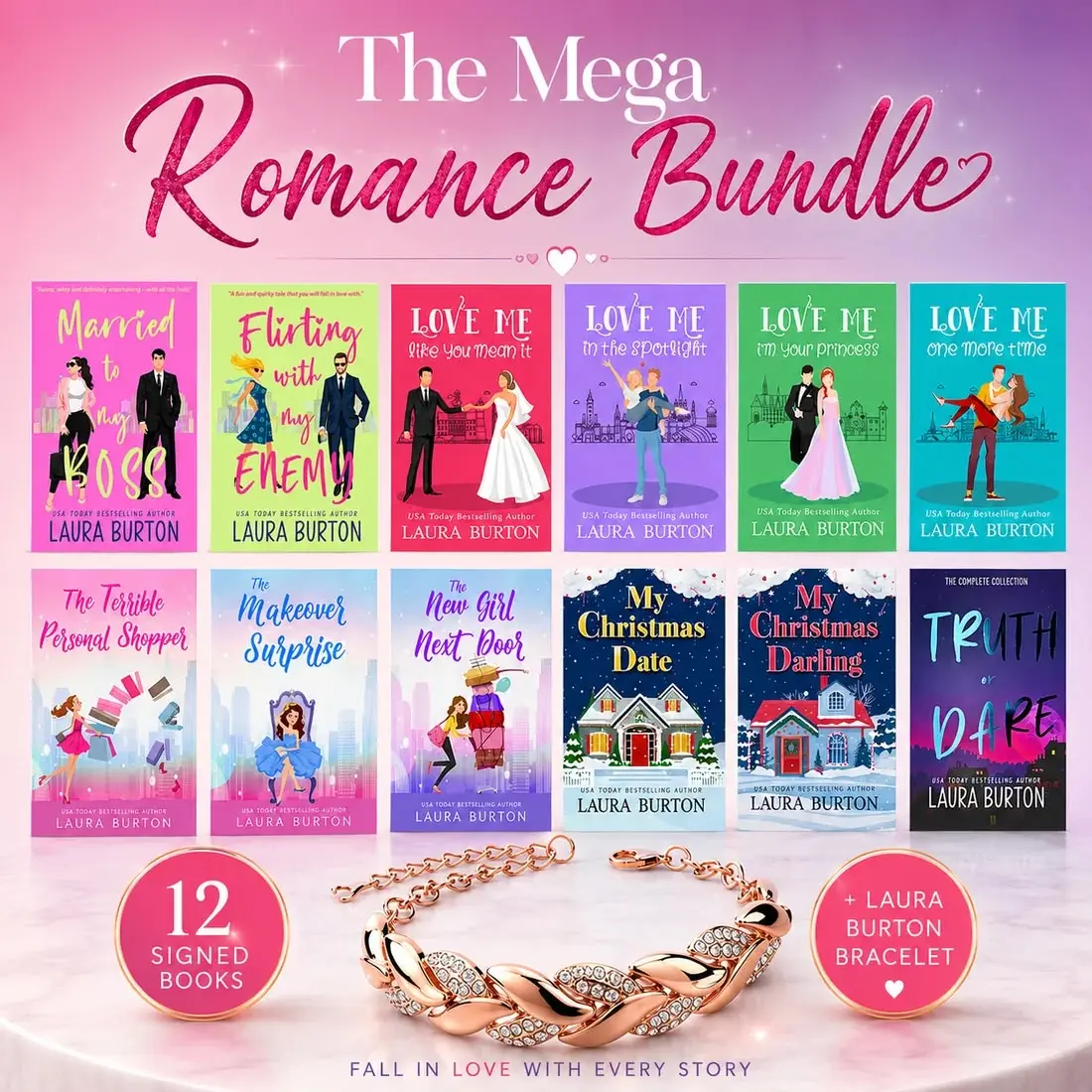 The Mega Romance Bundle for romance book lovers and collectors. Book bundle by Laura Burton with bracelet