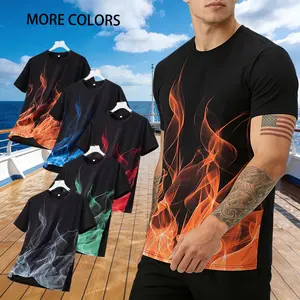 Summer atmosphere: Men's flame printed T-shirt, summer new quick drying mesh printed splicing short sleeved running T-shirt, fashionable casual sports round neck fitness running short sleeved T-shirt