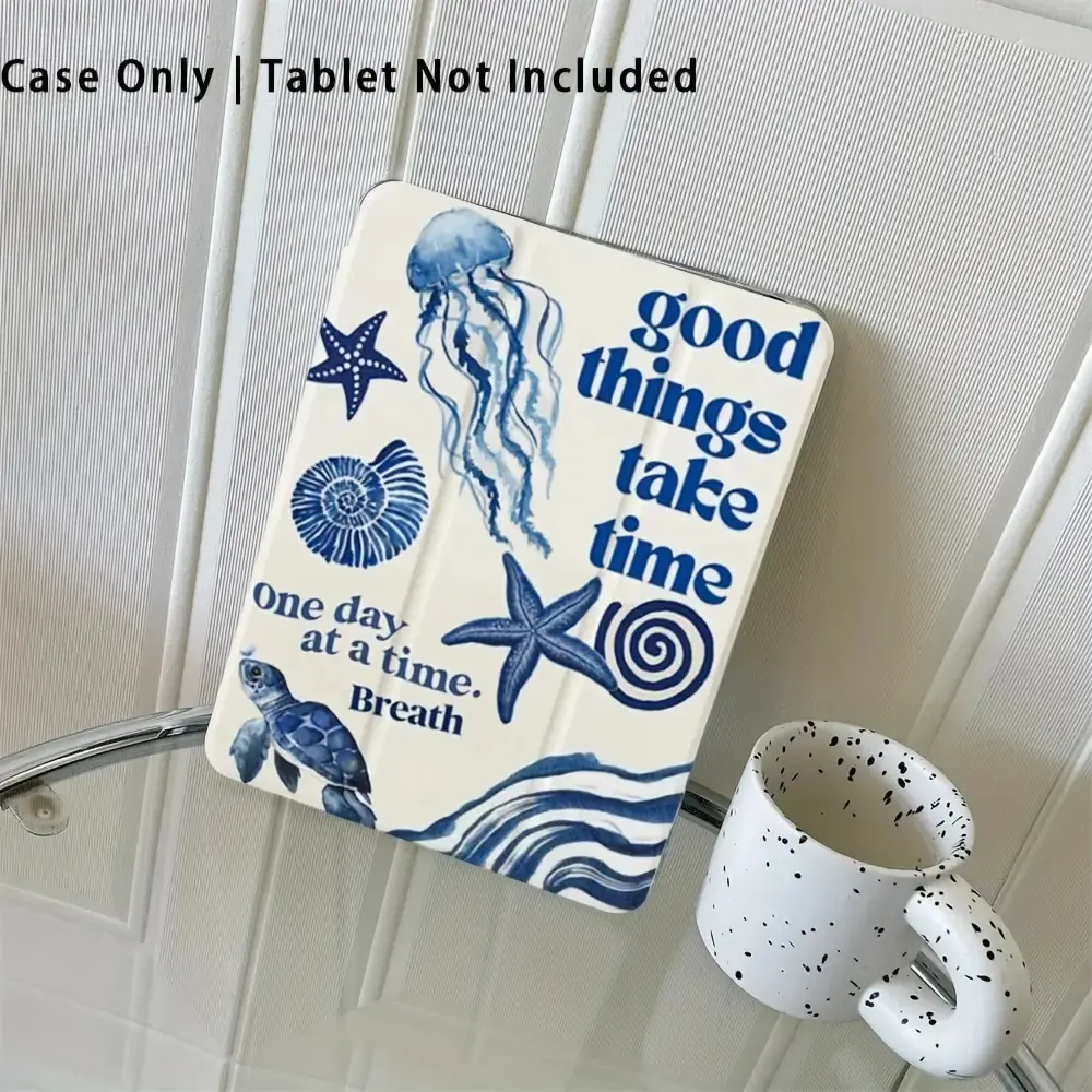 Ocean-themed illustrations, foldable, non-slip TPU case with adjustable stand and pen slot, suitable for Samsung, iPad mini, iPad Air, iPad Pro/iPad 10th and 11th generation iPad cases