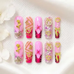 Naillulu ‌|‌ 10PCS 100% Handmade 1.3 inch Press on nails ‌|‌ Hot Pink Tiger Stripe Gold Charm Medium Square Acrylic Nails | For Party, Festival, Night Out & Vacation Photoshoot