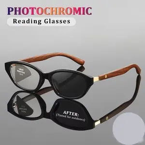 New Light-Activated Reading Glasses, Anti-Blue Light, Correction, Uv400 Protection, Vintage Square Cat Eye Frame, Wood Texture Legs, Reading Eyeglasses, Reading Eyewear